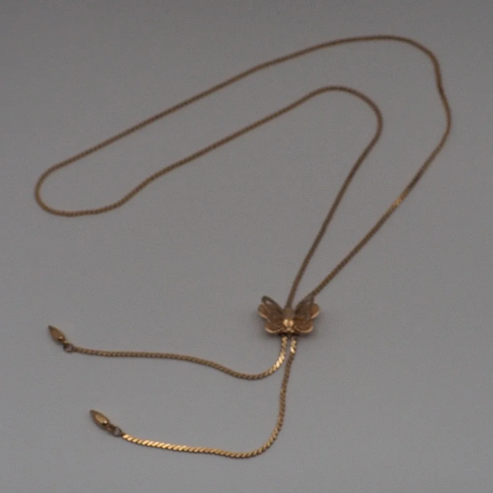 Vintage Bolo Necklace Butterfly Slide Lariat Gold Tone Curb Chain 32